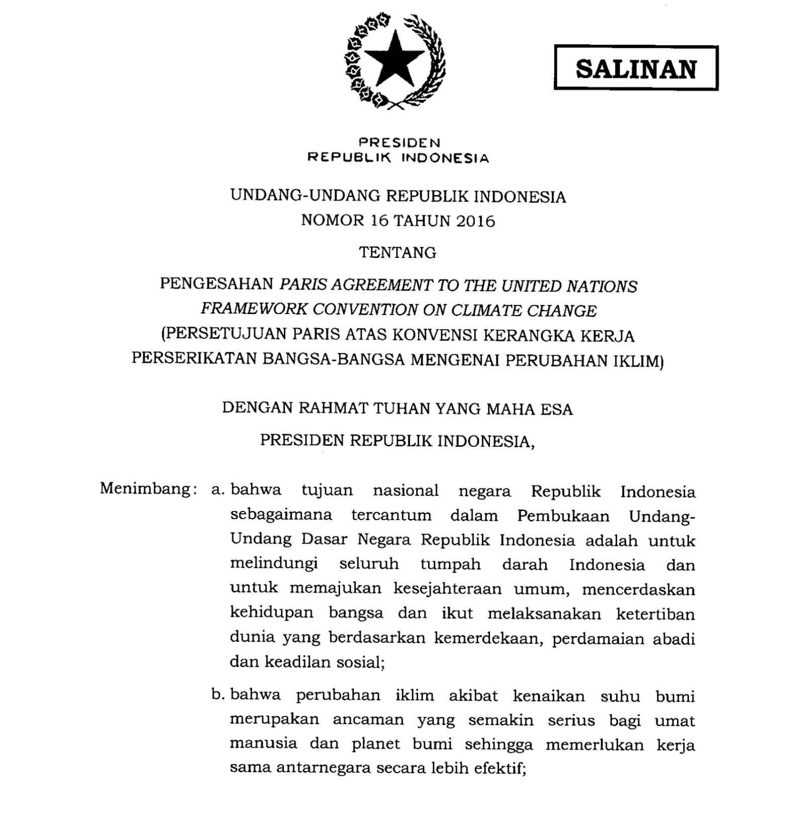 Undang Undang RI No. 16 tahun 2016